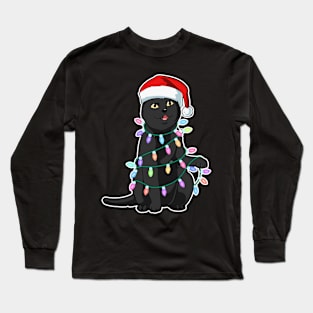 Black Cat christmas light tshirt funny cat lover christmas Long Sleeve T-Shirt